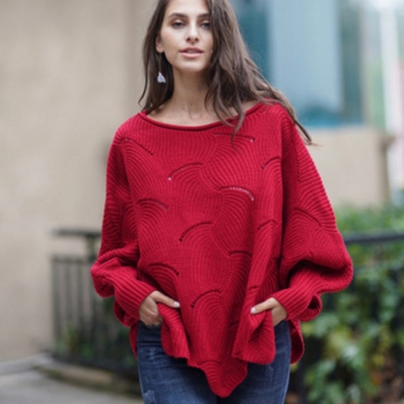 New Sweet Heart Oversized Scalloped Poncho Sweater - Picture 3 of 7